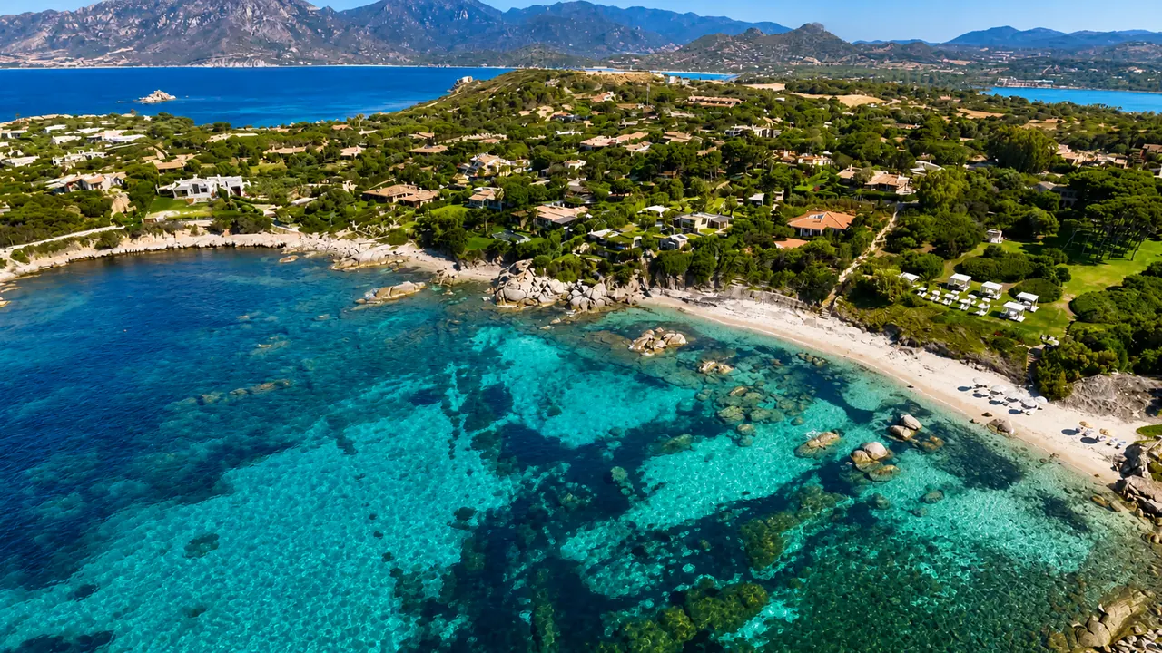 Cala Caterina, Villasimius — piccola baia riparata con massi granitici, acqua turchese cristallina e ville