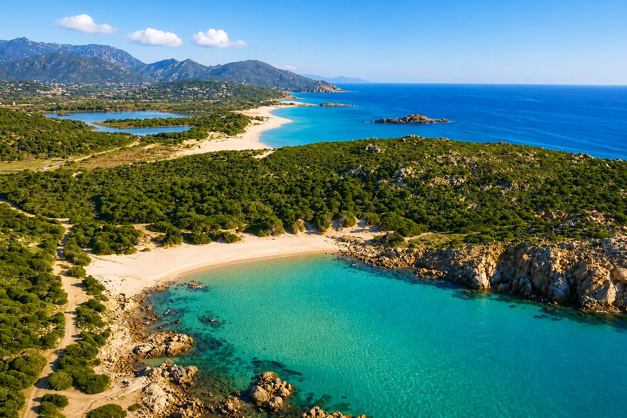 Cala Cipolla, Domus de Maria — vista aerea della caletta tra ginepri e rocce di granito con acqua turchese