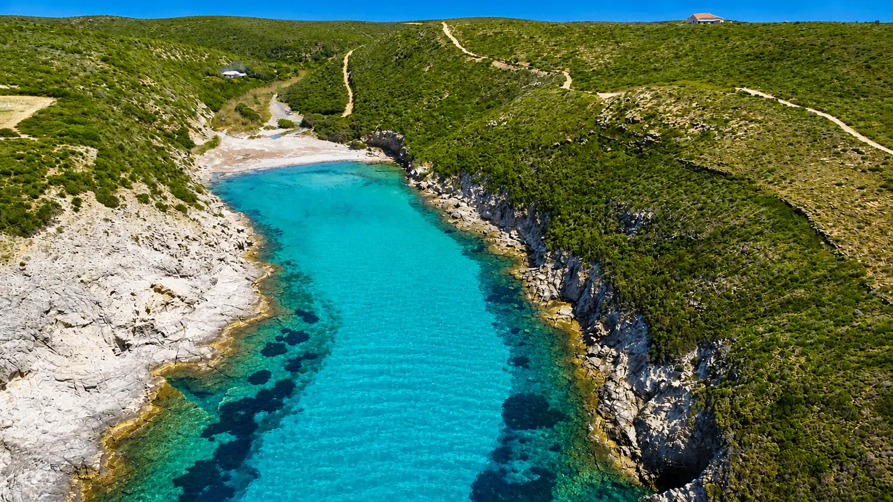 Cala Lunga, Sant'Antioco — stretta insenatura turchese tra falesie calcaree e macchia mediterranea