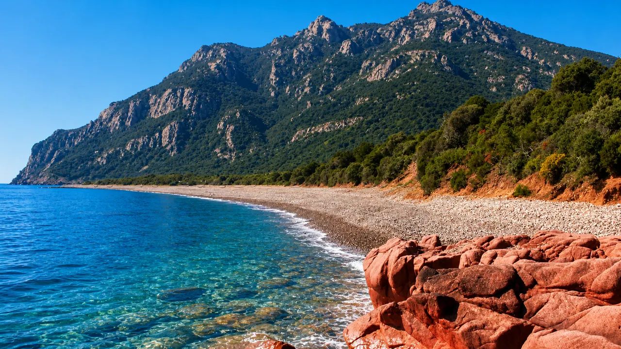 Coccorrocci, Gairo — lunga spiaggia di ciottoli neri vulcanici e rossi sotto il monte con mare blu profondo