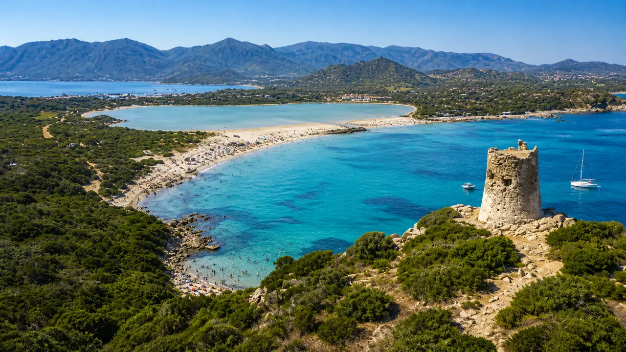 Porto Giunco, Villasimius — sabbia bianca tra mare turchese e stagno di Notteri con torre
