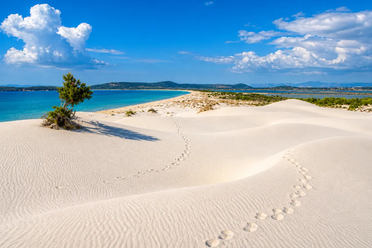 Porto Pino, Sant'Anna Arresi — celebri dune bianche con ginepri, mare turchese e Capo Teulada all'orizzonte