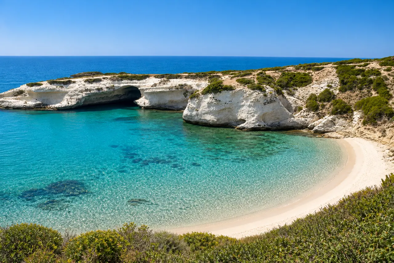 S'Archittu, Cuglieri — arco naturale di calcare bianco sulla baia turchese