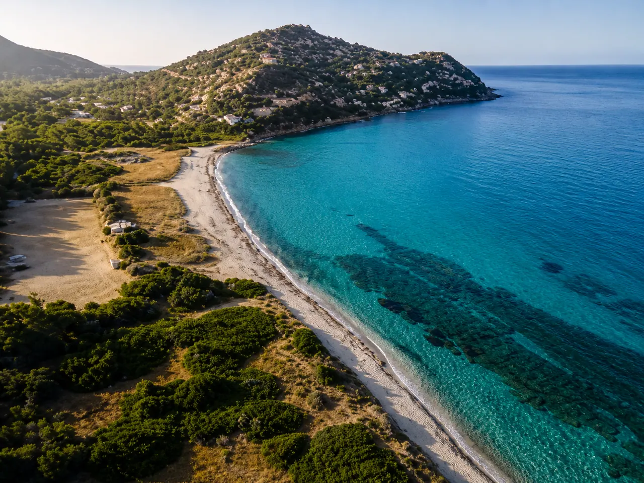 Torre delle Stelle, Maracalagonis — vista aerea sulla baia con mare cristallino e macchia mediterranea